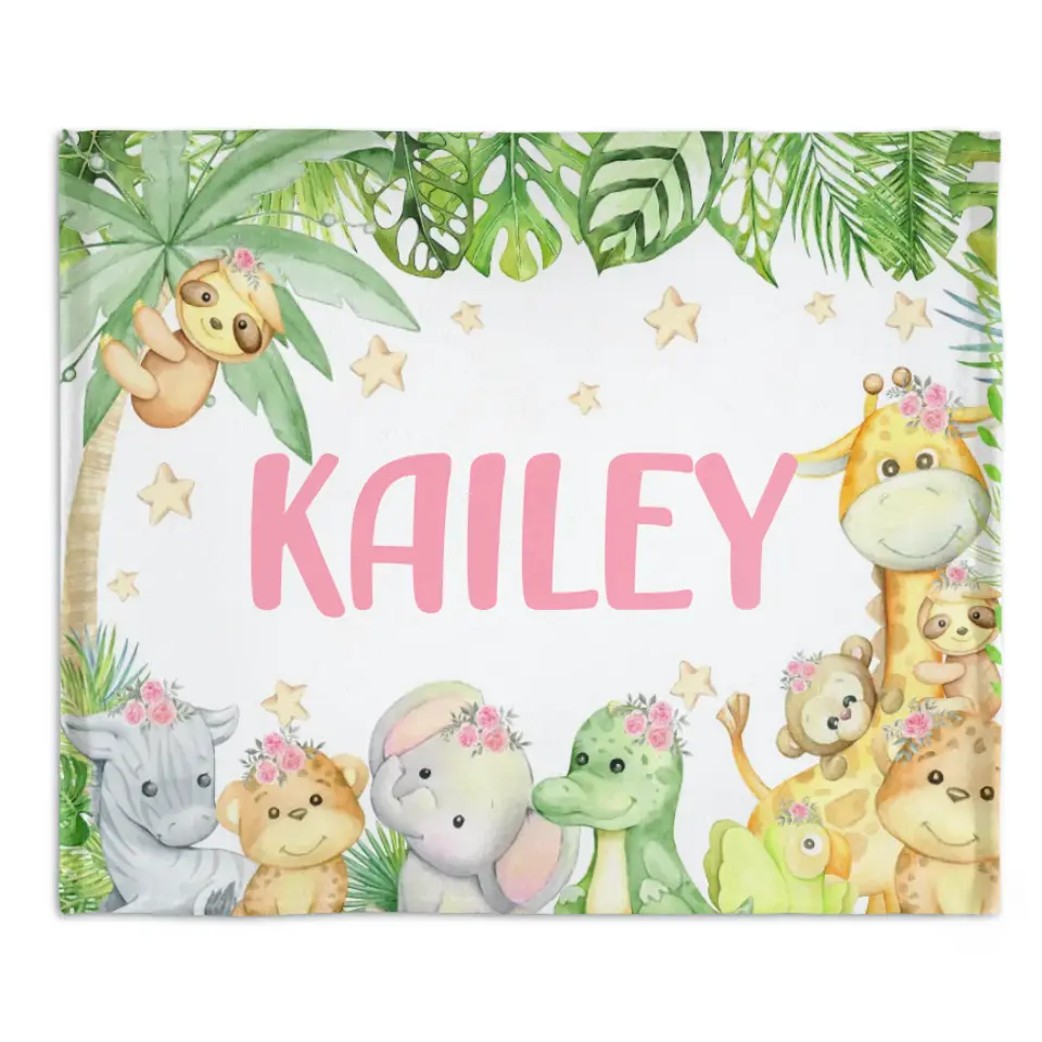 Personalized Custom Baby Name Blanket Gift, Jungle Nursery Decor, Toddler Birthday Gift, Monkey Elephant Giraffe Blanket