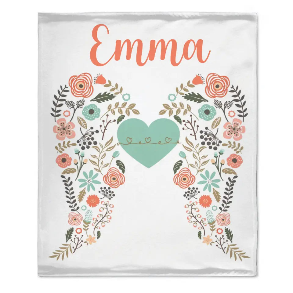 Personalized Angel Wings Baby Blanket, Custom Name Baby Blanket, Floral Heart Nursery Decor