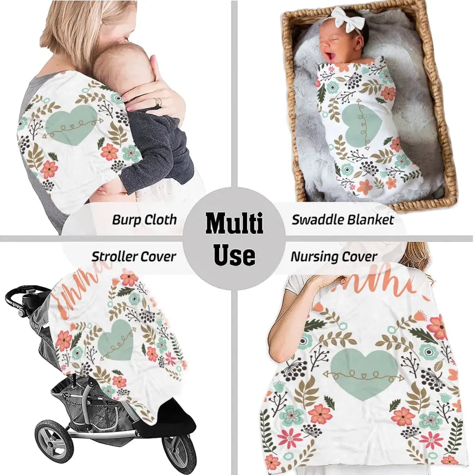 Personalized Angel Wings Baby Blanket, Custom Name Baby Blanket, Floral Heart Nursery Decor