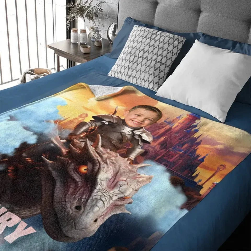Custom Blankets Little Knight and Dragon Photo Gift, Boys Name Blanket