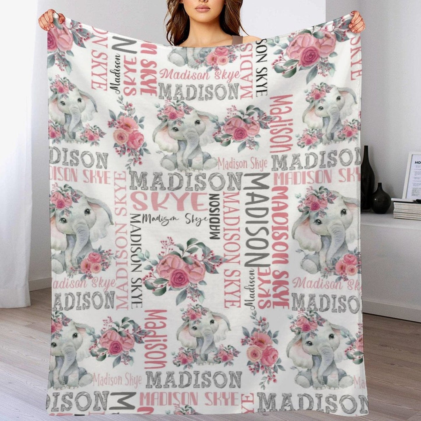 We pay shipping✈️Flower Elephant Baby Girl Name Custom Blanket