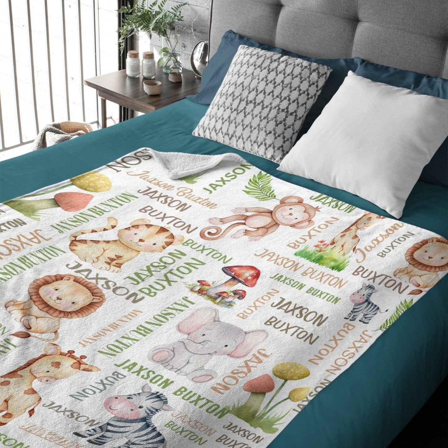 Custom Name Safari Animals Lion Giraffe Elephant Baby Blanket