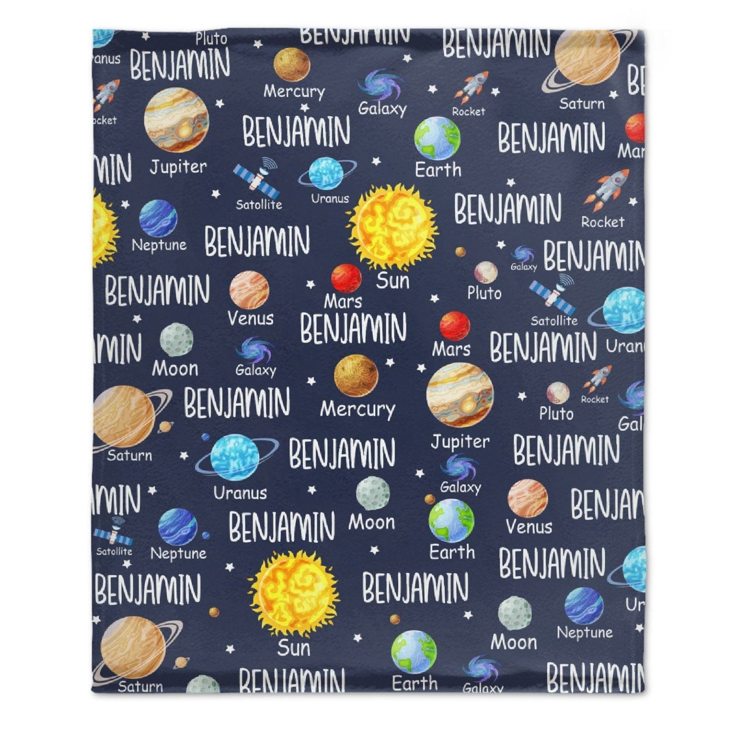 Space Planets Theme Custom Name Baby Blanket