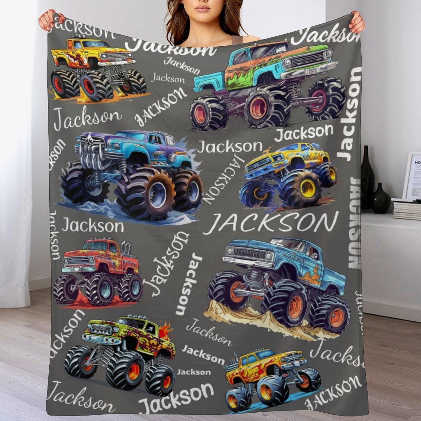 Personalized Custom Name Monster Trucks Blankets Blanket for Kids