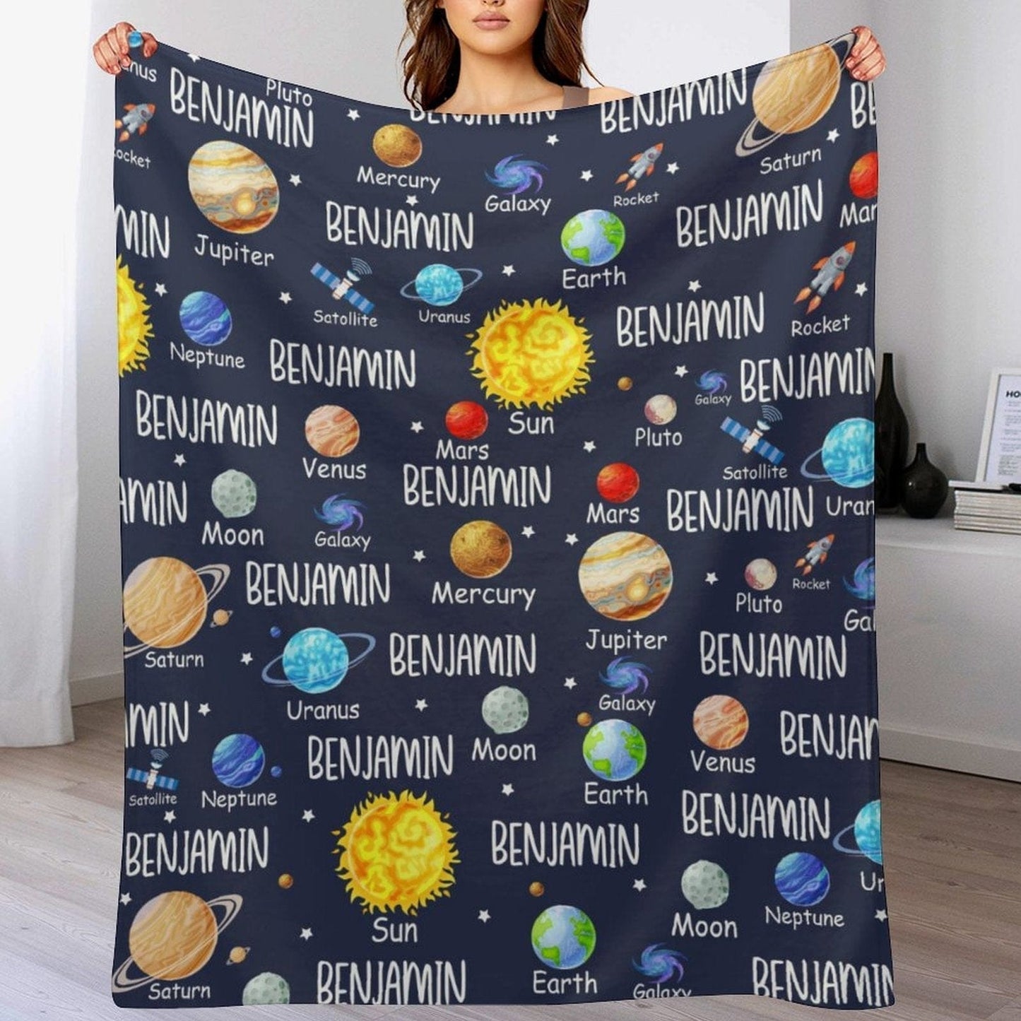 We pay shipping✈️Space Planets Theme Custom Name Baby Blanket