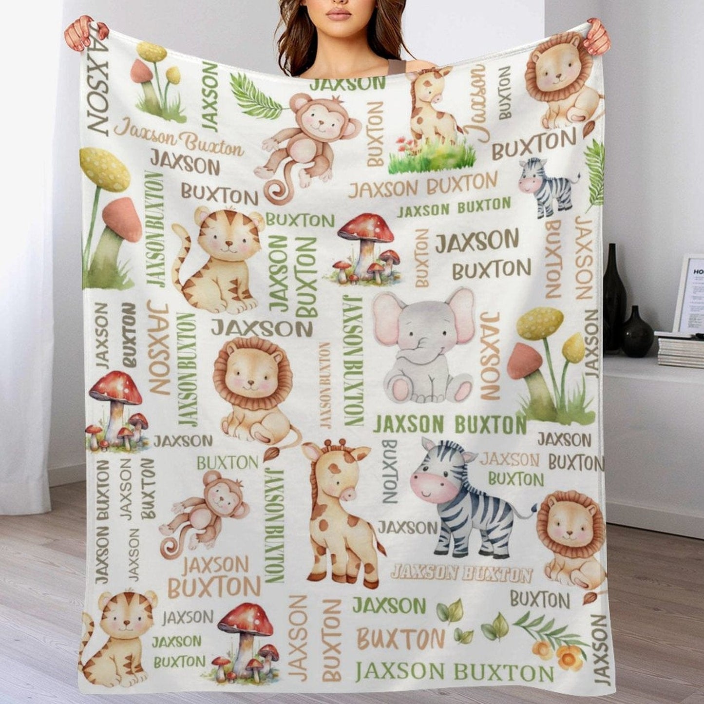 Custom Name Safari Animals Lion Giraffe Elephant Baby Blanket