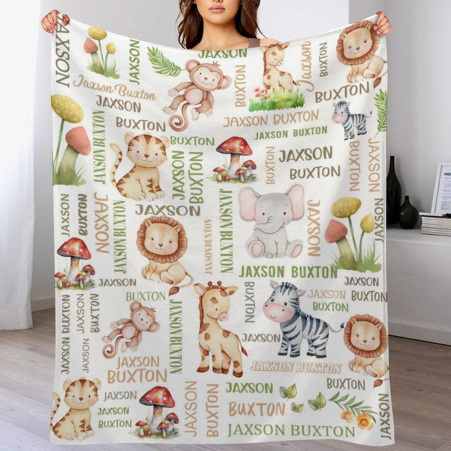 We pay shipping✈️Custom Name Safari Animals Lion Giraffe Elephant Baby Blanket