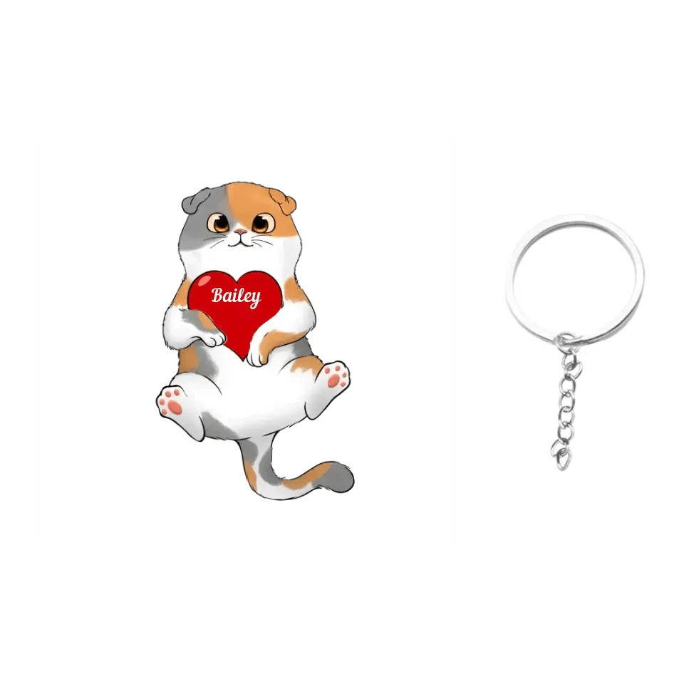 Fluffy Cat Holding Heart Personalized Acrylic Keychain