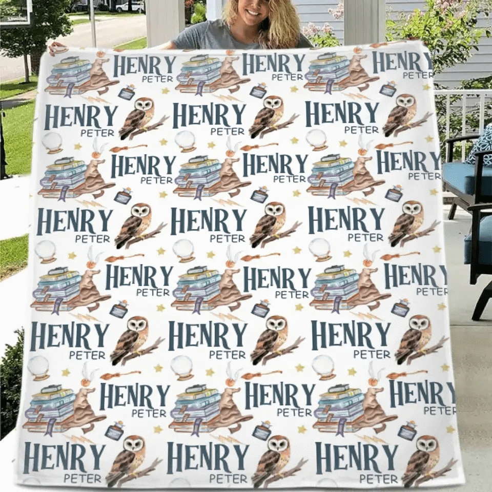 Personalized Wizard Owl Magic Book Custom Baby Name Blanket