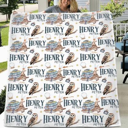 Personalized Wizard Owl Magic Book Custom Baby Name Blanket