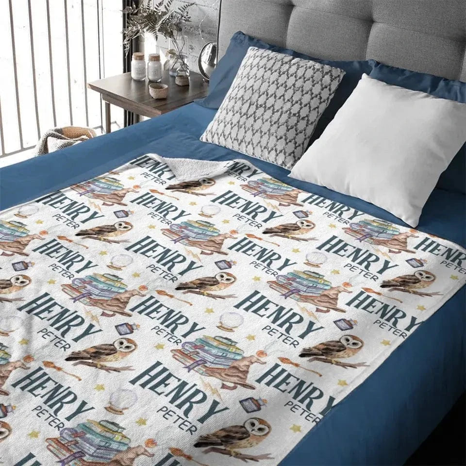 Personalized Wizard Owl Magic Book Custom Baby Name Blanket