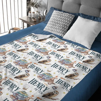 Personalized Wizard Owl Magic Book Custom Baby Name Blanket