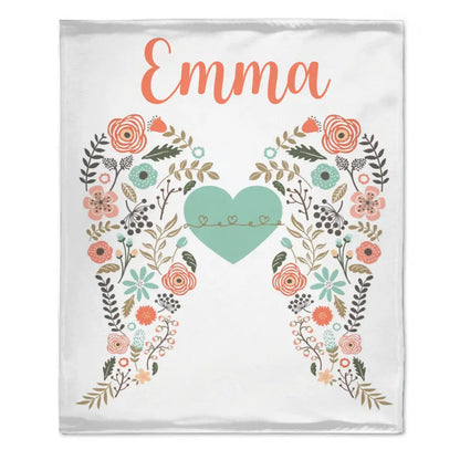 Personalized Angel Wings Baby Blanket, Custom Name Baby Blanket, Floral Heart Nursery Decor