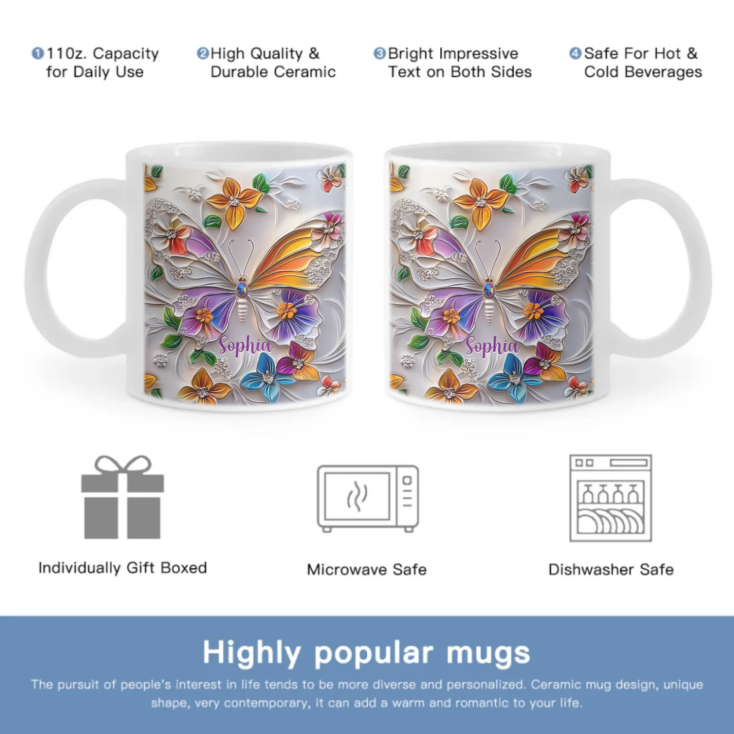 Customised Butterfly Themed Mugs - Personalised Name Gorgeous Butterfly Print Decorative Mugs - A Gift For Family,Friend,Sister,BFF,Butterfly Lovers