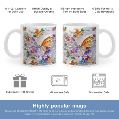 Customised Butterfly Themed Mugs - Personalised Name Gorgeous Butterfly Print Decorative Mugs - A Gift For Family,Friend,Sister,BFF,Butterfly Lovers