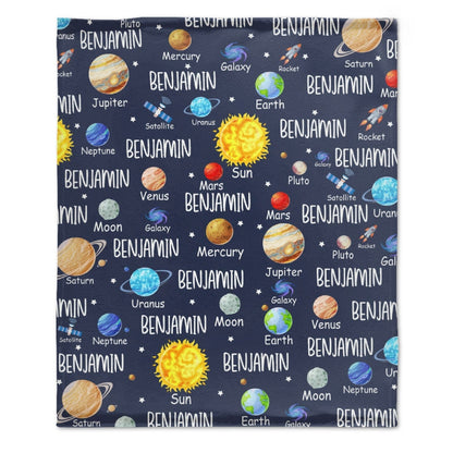 Space Planets Theme Custom Name Baby Blanket