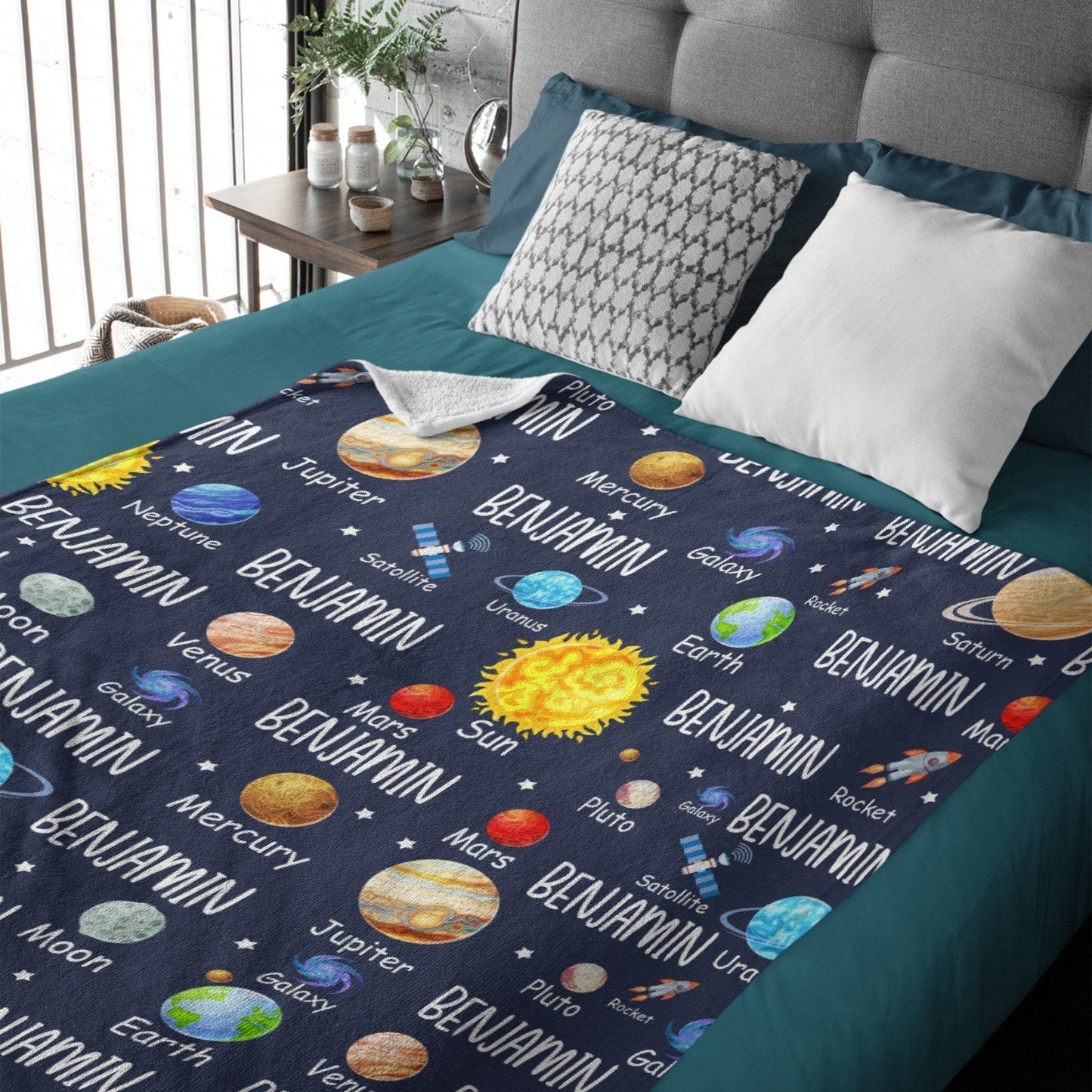 Space Planets Theme Custom Name Baby Blanket