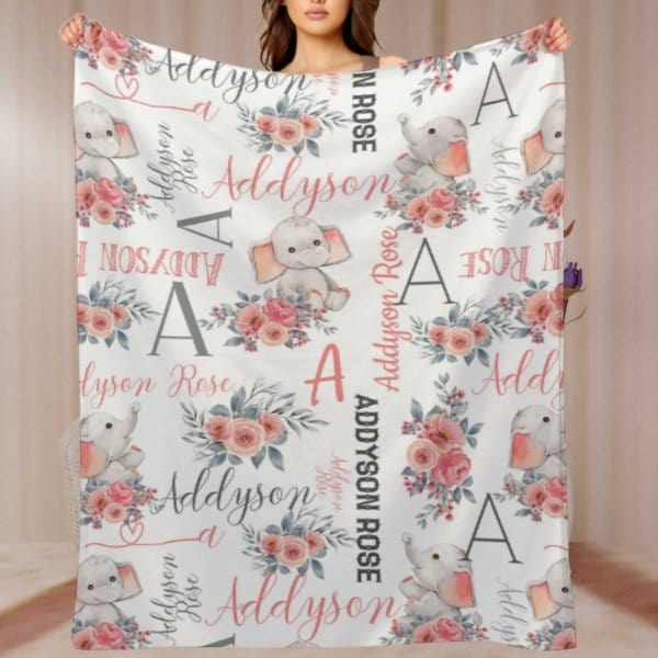 Personalized Custom Name Baby Girl Elephant Blanket - Baby Gift - Virudhaka